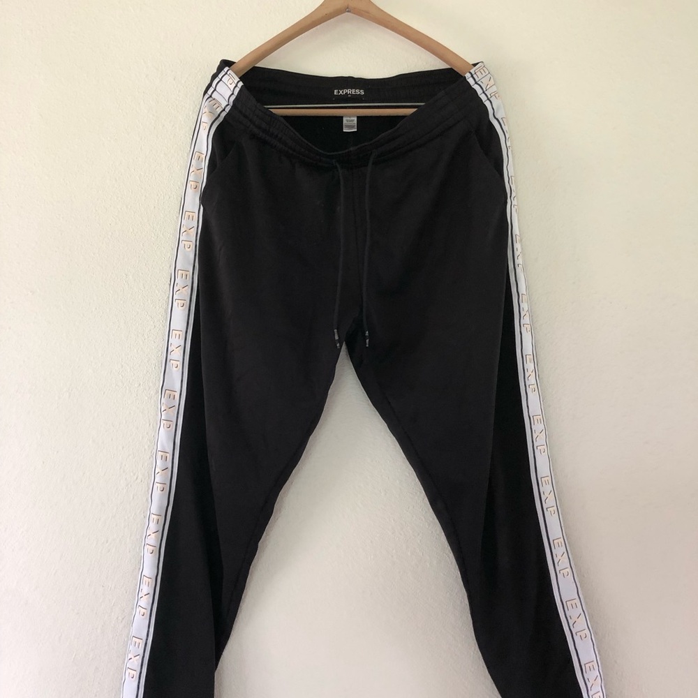 Express Black Joggers with White Logo Side Stripes